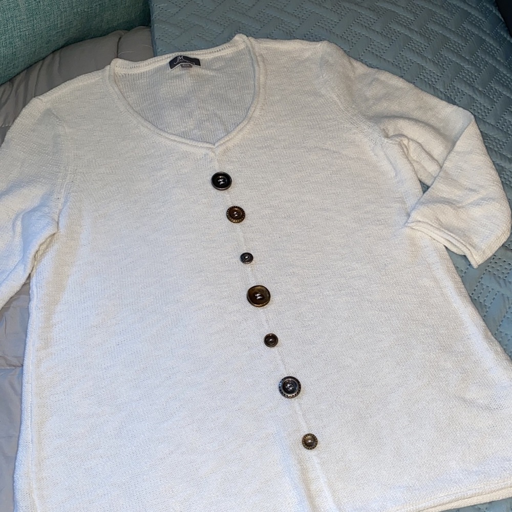 JM Collection Petite V Neck Knit Sweater button accents White Petite Medium - Picture 6 of 14